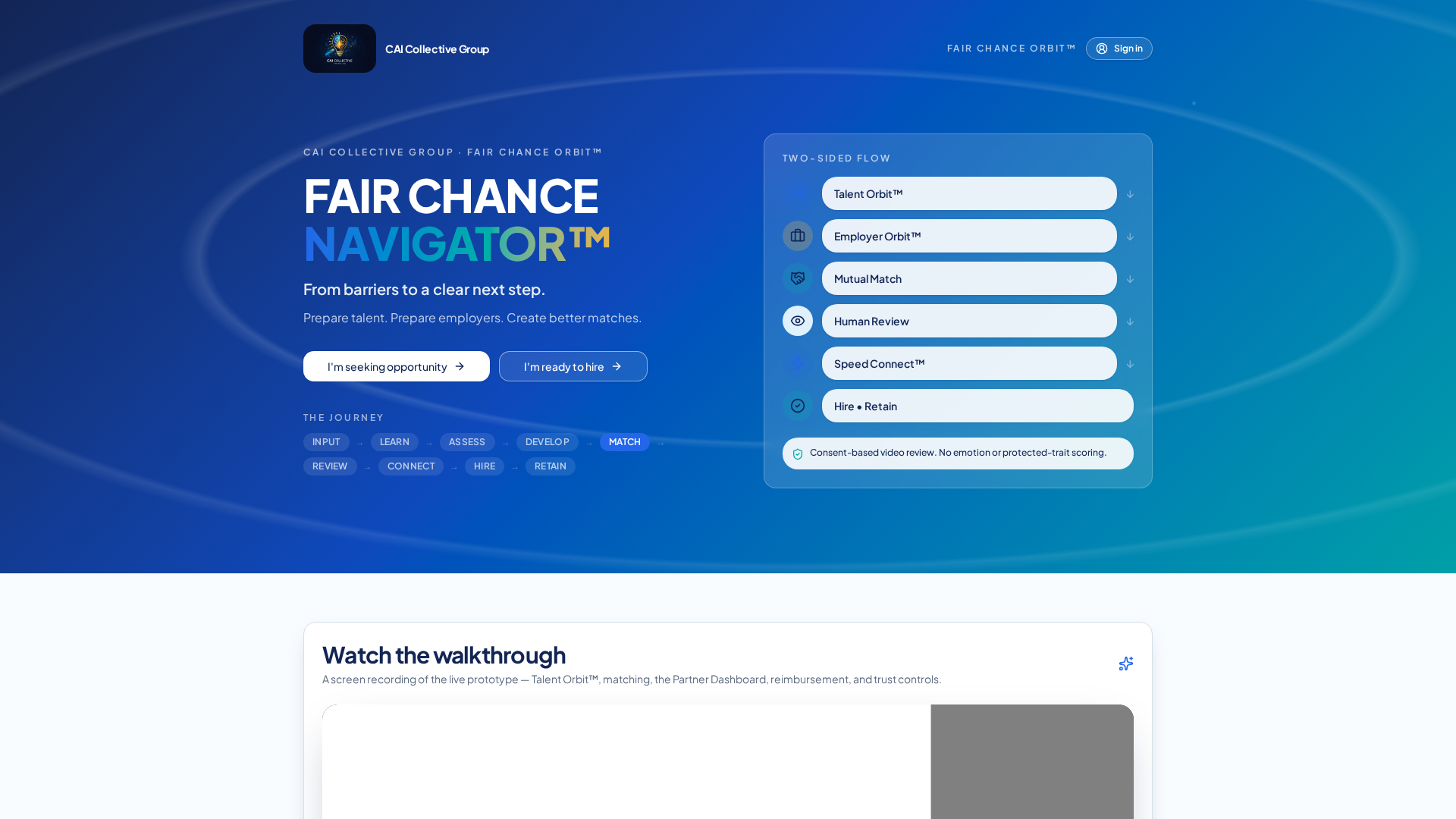 Fair Chance Navigator prototype showing talent and employer orbits, matching and human review