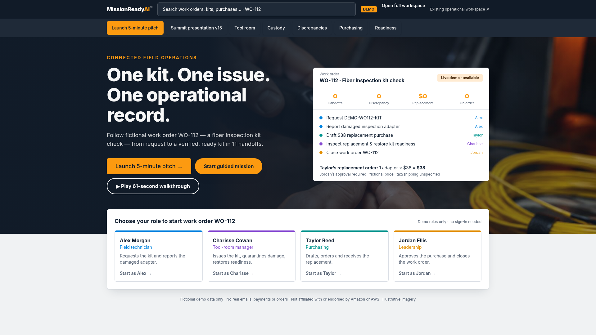 MissionReady AI prototype showing a fiber inspection kit workflow and role-based entry points